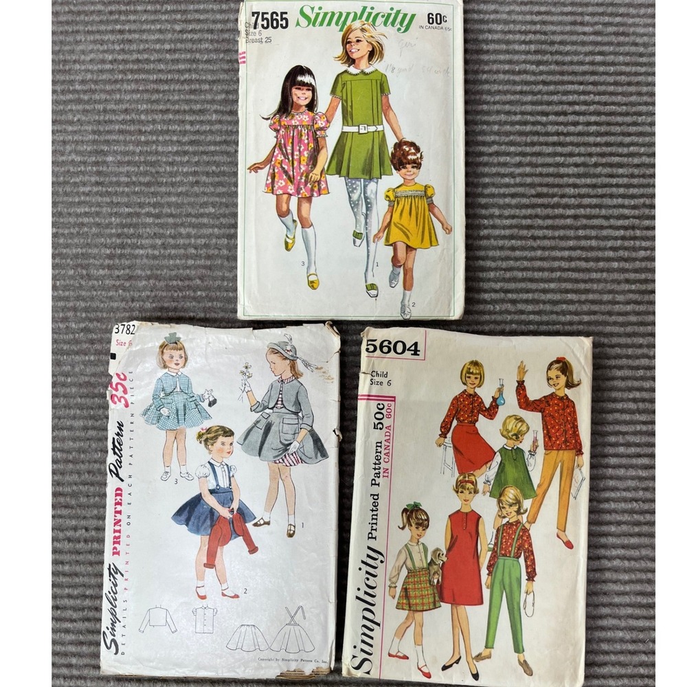 Vintage Simplicity Sewing Pattern Lot Girls Size 6 7565 3782 5604 Dress Suit Mod